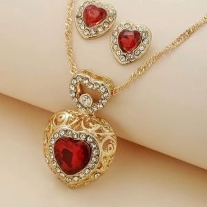 Red heart necklace and earrings set
